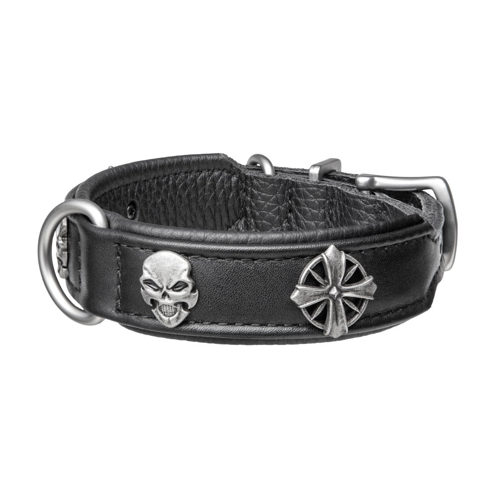 MiaMilo Dark Metal Leather Dog Collar — XS/S